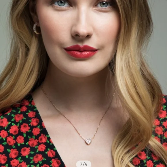 Dainty pave rhinestone heart charm necklace with bonus earrings in rose … - Picture 6 of 6